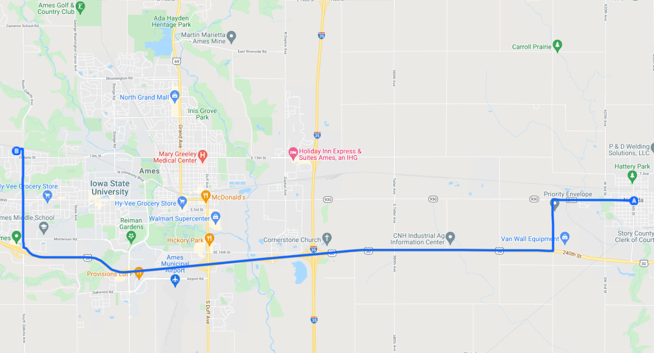 Directions from Nevada to Ames West Side Storage, Florida Avenue, Ames, IA, USA