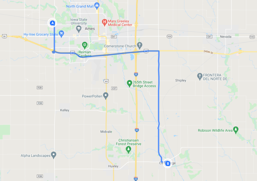 Driving Direction From Cambridge Iowa to Ames Westside Storage