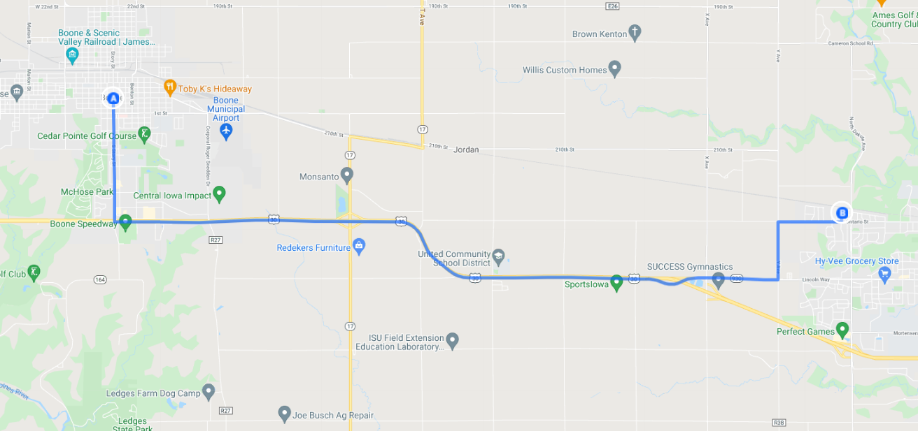 Map Directions from Boone Iowa to Ames West Side Storage