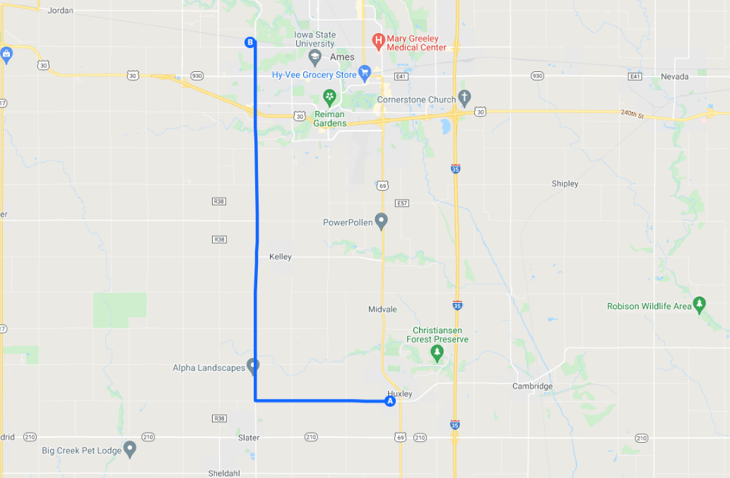 Map Directions from Huxley Iowa to Ames West Side Storage
