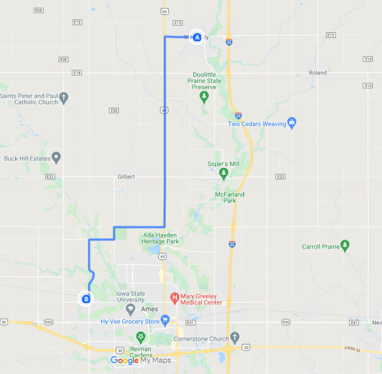 Map Directions from Story City Iowa to Ames West Side Storage