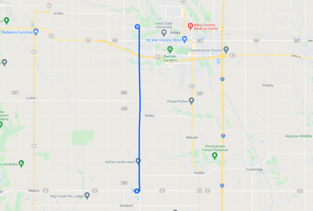 Map From Slater Iowa to Ames West Side Storage